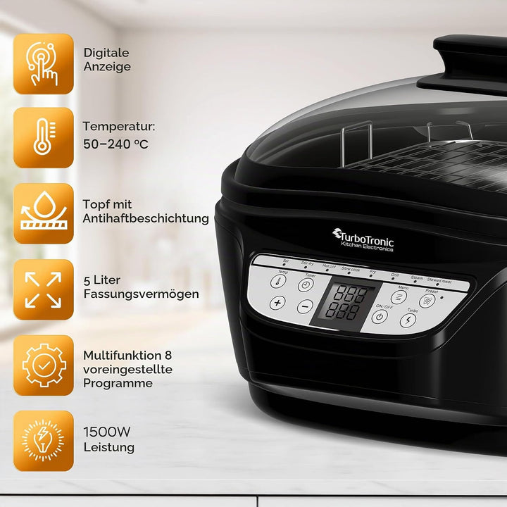 TurboTronic DMC24 Multikocher 5L mit Fritteuse &amp; Frittierfunktion, 1500W, Schongarer, Dampfgarer, 8