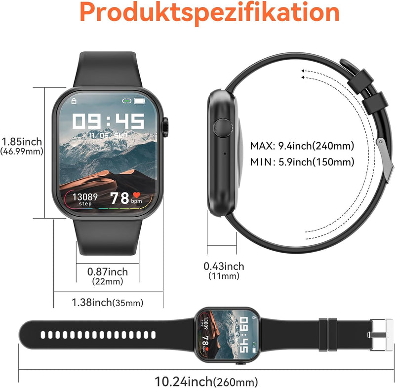 2023 Smartwatch für Herren und Damen, 1,85 Zoll Bildschirm Smartwatch mit Bluetooth-Anruf und Freisp