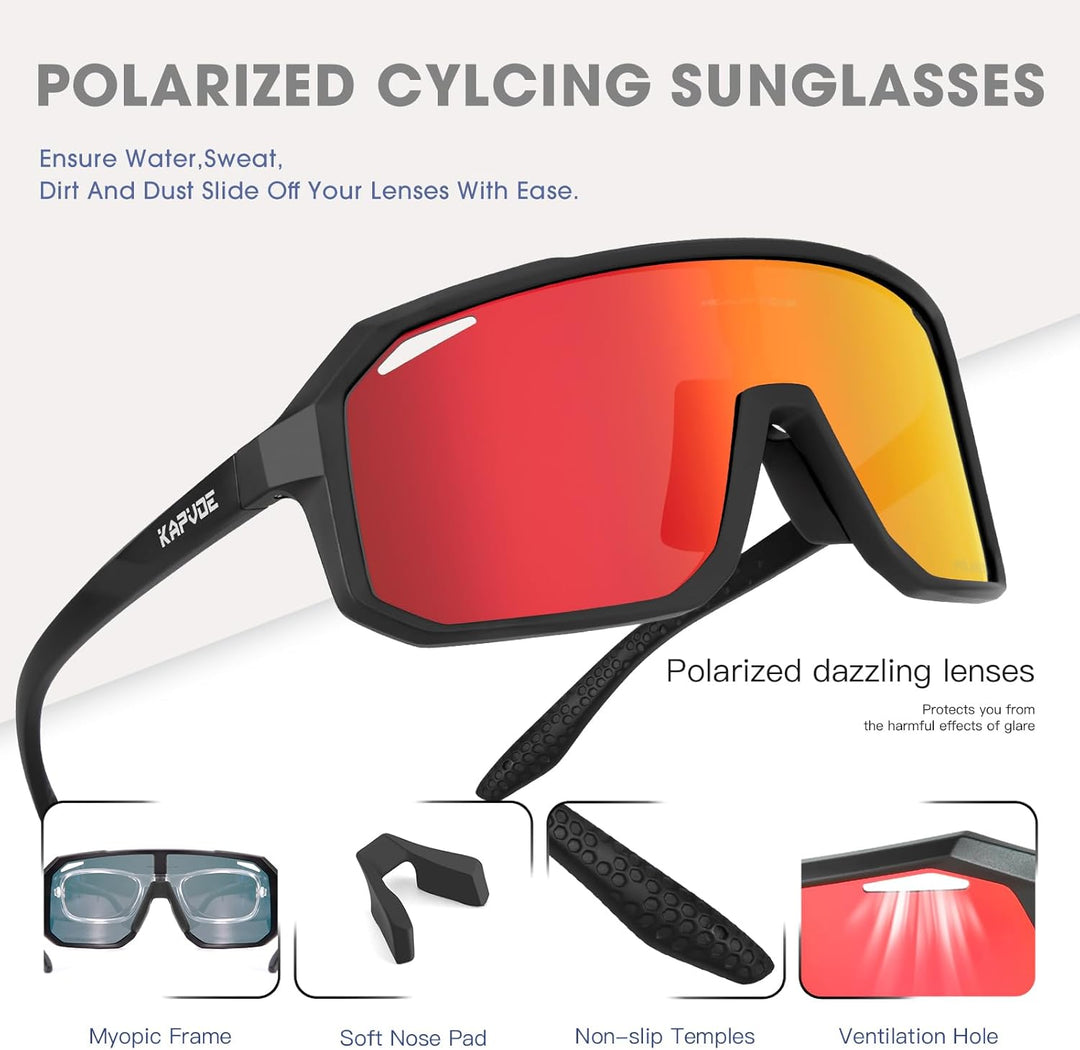 KAPVOE Fahrradbrille Polarisiert Herren Damen Sonnenbrille UV400 Schutz TR90 Rahmen Sportbrille Radf