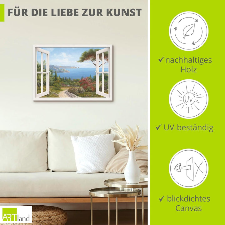 ARTland Leinwandbild Wandbild Bild auf Leinwand 70x50 cm Wanddeko Fensterblick Fenster Küste Meer Bu