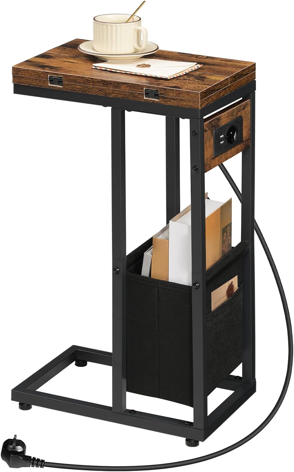HOOBRO Beistelltisch mit Ladestation, C-Form, Klappbarer Couchtisch mit Stofftasche, Nachttisch mit