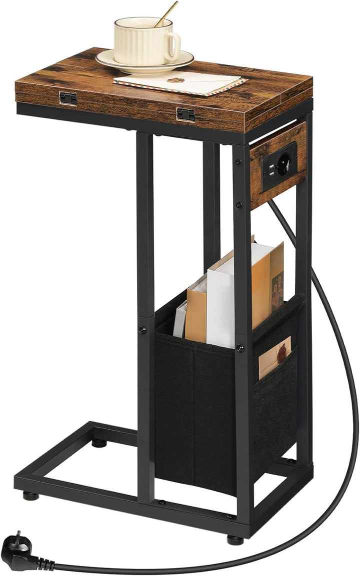 HOOBRO Beistelltisch mit Ladestation, C-Form, Klappbarer Couchtisch mit Stofftasche, Nachttisch mit