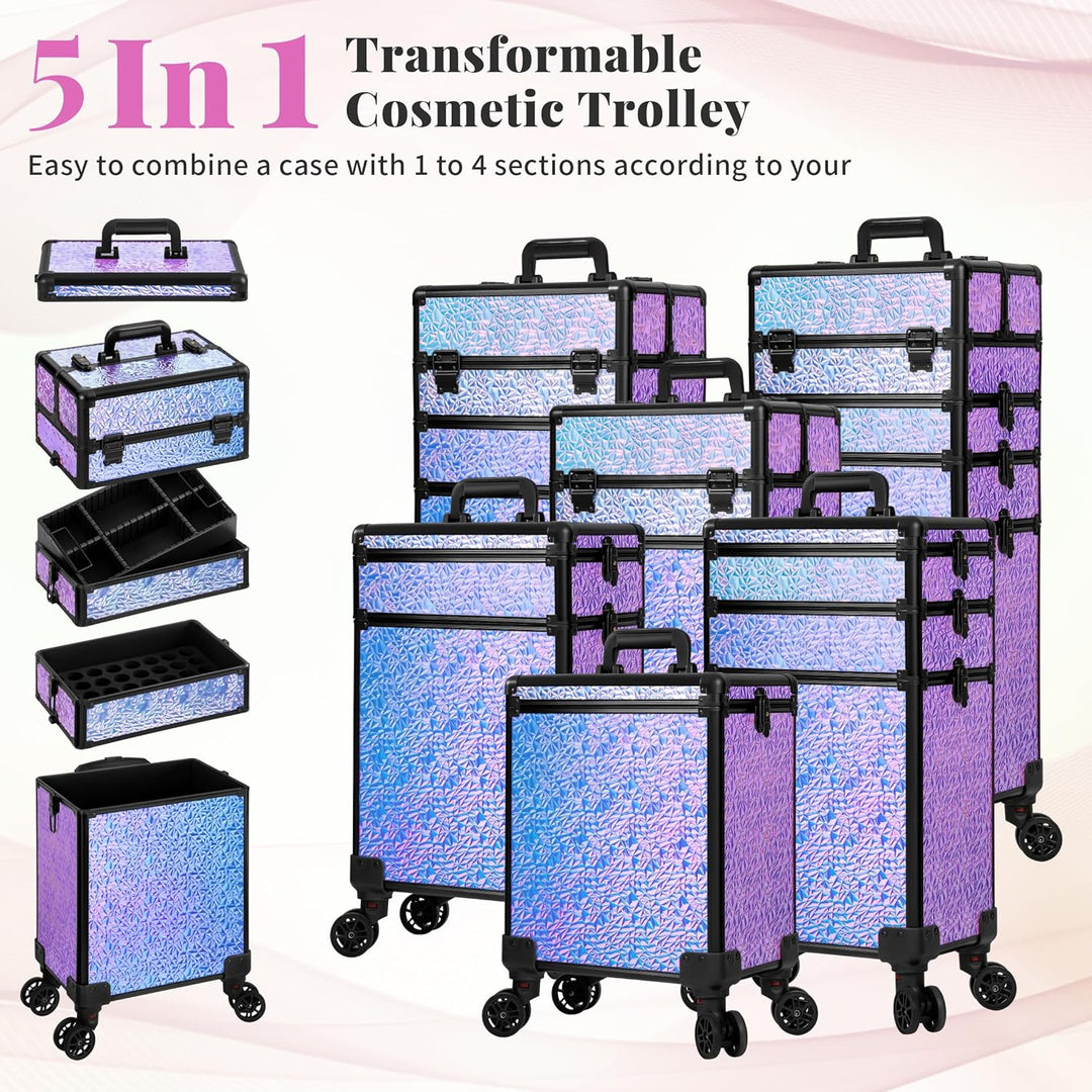 Arous 5-in-1-Kosmetik-Trolley mit Rollen, Abschliessbar, für Reisen, Friseure, Künstler, Nägel, Viol