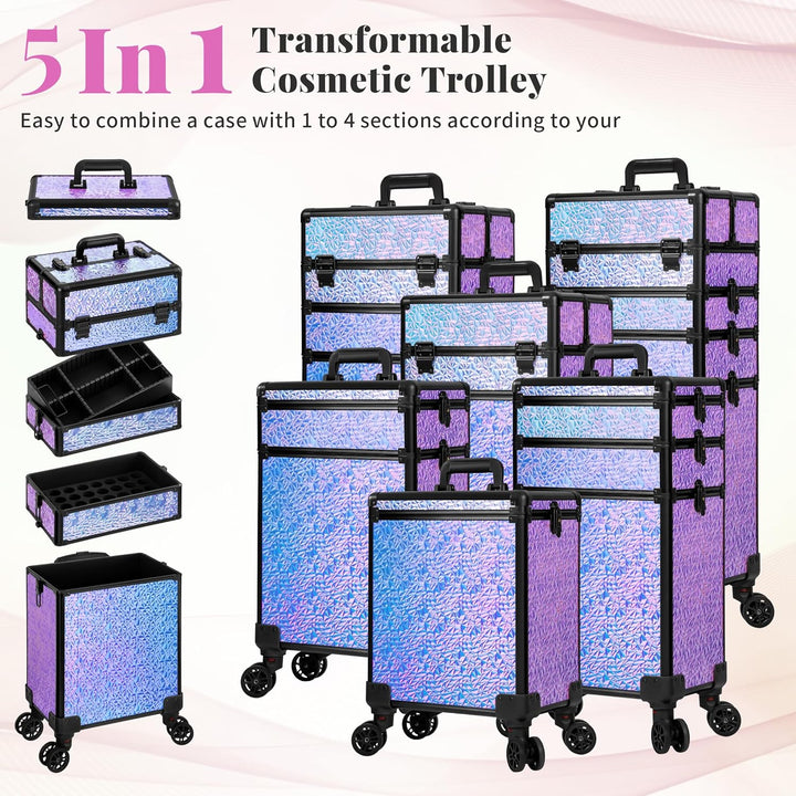 Arous 5-in-1-Kosmetik-Trolley mit Rollen, Abschliessbar, für Reisen, Friseure, Künstler, Nägel, Viol
