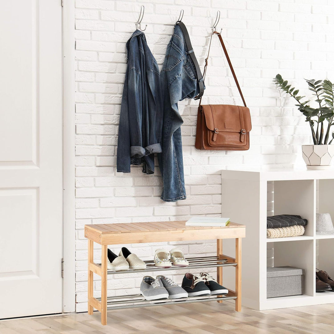 Relaxdays, Bambus Schuhschrank f. 6 Paar Schuhe, Sitzbank m. Stauraum HBT: 43x74x30 cm, Natur Schuhr