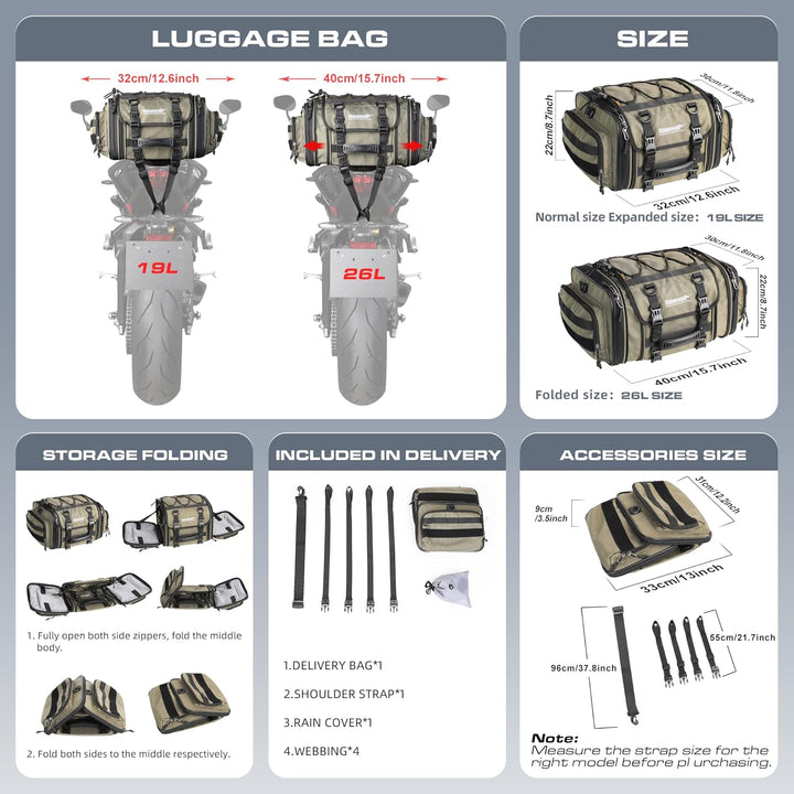 Rhinowalk Motorrad Sitztaschen 19-26L Wasserdicht Motor Rücksitztasche Gepäcktasche Hecktasche Erwei