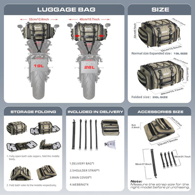 Rhinowalk Motorrad Sitztaschen 19-26L Wasserdicht Motor Rücksitztasche Gepäcktasche Hecktasche Erwei