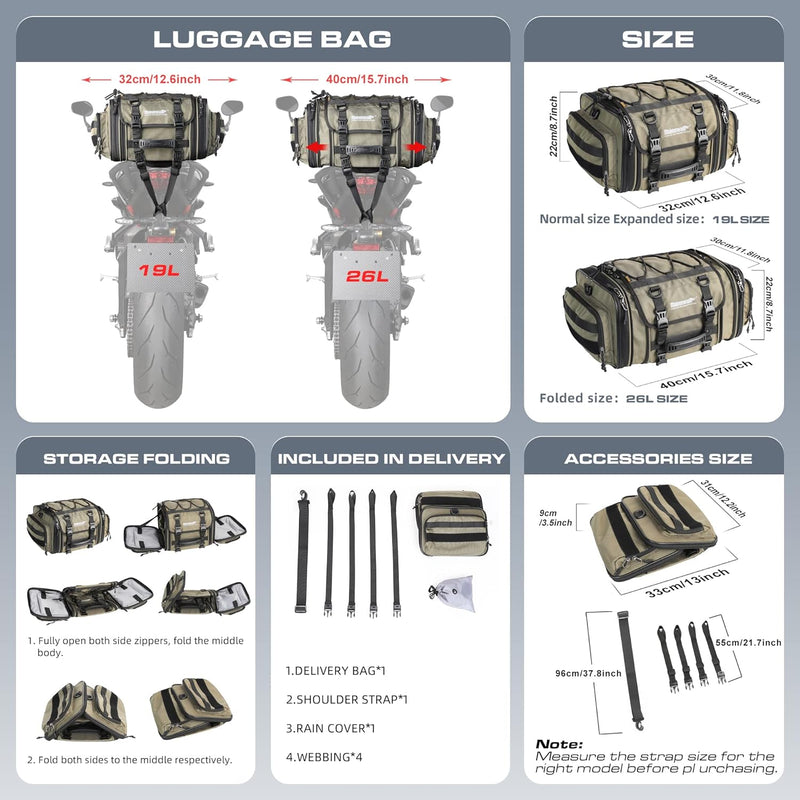 Rhinowalk Motorrad Sitztaschen 19-26L Wasserdicht Motor Rücksitztasche Gepäcktasche Hecktasche Erwei