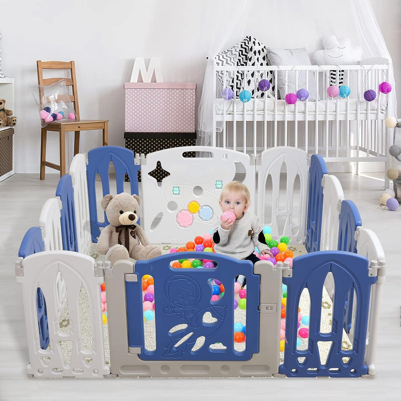 Aufun Laufstall Baby Faltbar, Laufgitter mit Tür und Spielzeugboard, 12 Panel Blu+Weiss Baby Absperr