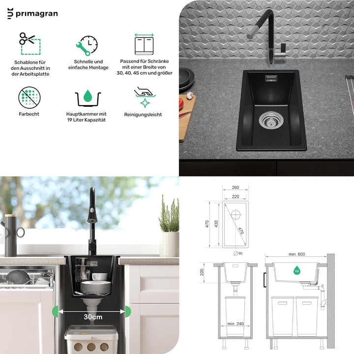 Spülbecken Schwarz 26 x 47 cm, Granitspüle + Siphon Klassisch + Küchenarmatur, Küchenspüle ab 30er U