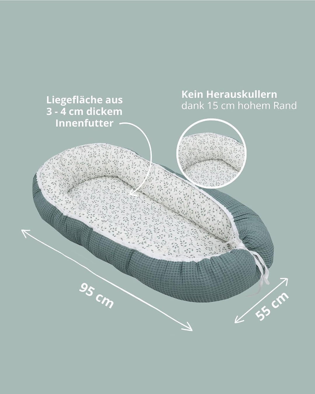 ULLENBOOM ® Babynest & Kuschelnest (55x95 cm) Floral-Grün (Made in EU) - Babynestchen für Neugeboren