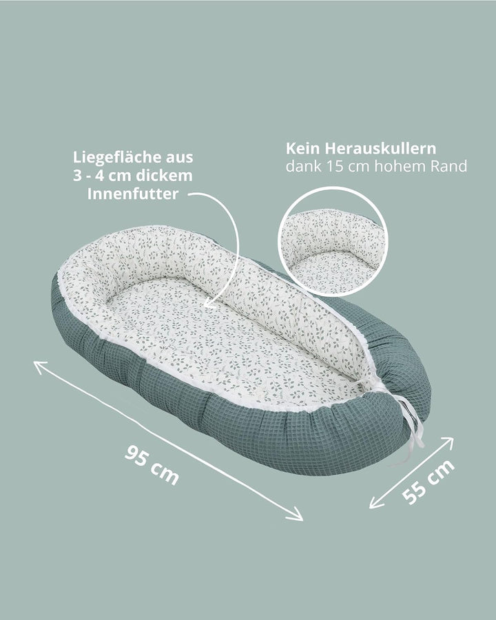 ULLENBOOM ® Babynest & Kuschelnest (55x95 cm) Floral-Grün (Made in EU) - Babynestchen für Neugeboren
