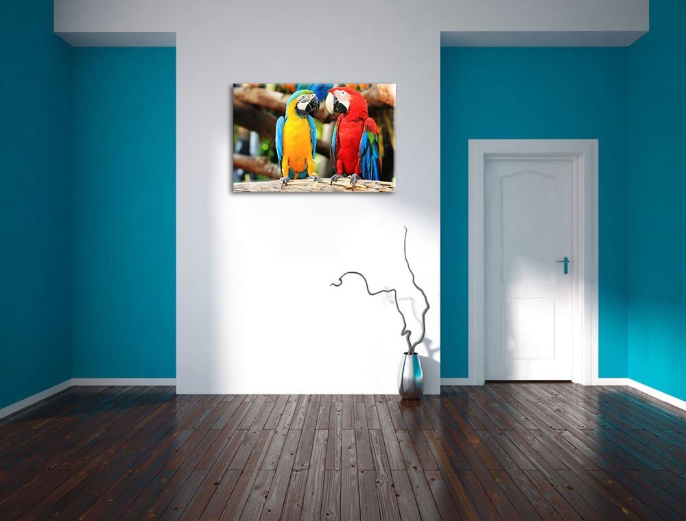 Zei Papageien auf einem Ast Format: 100x70 auf Leinwand, XXL riesige Bilder fertig gerahmt mit Keilr