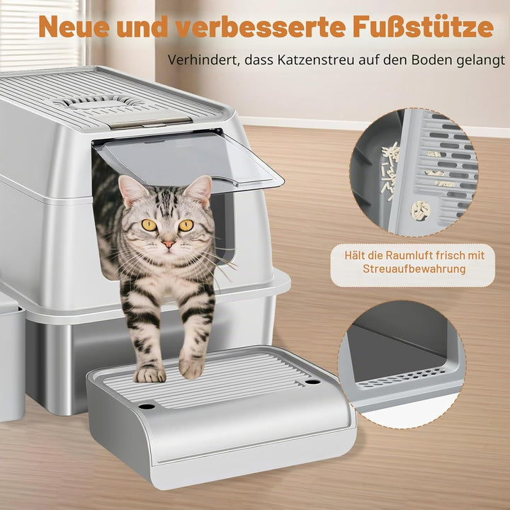 Edelstahl Katzenklo XXL 37L – Geschlossene Katzentoilette für grosse Katzen, mit 120° Klappdeckel, T