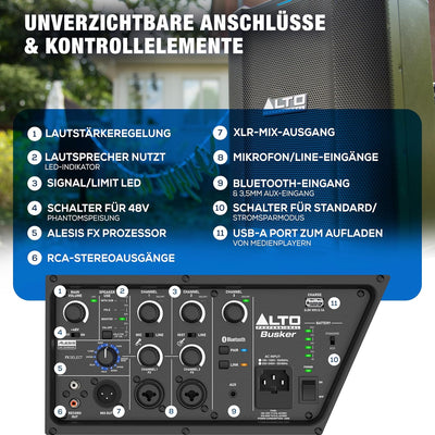 Alto Professional Busker 200W tragbares PA Lautsprechersystem mit Akku, Bluetooth, 3-Kanal Mixer, Al