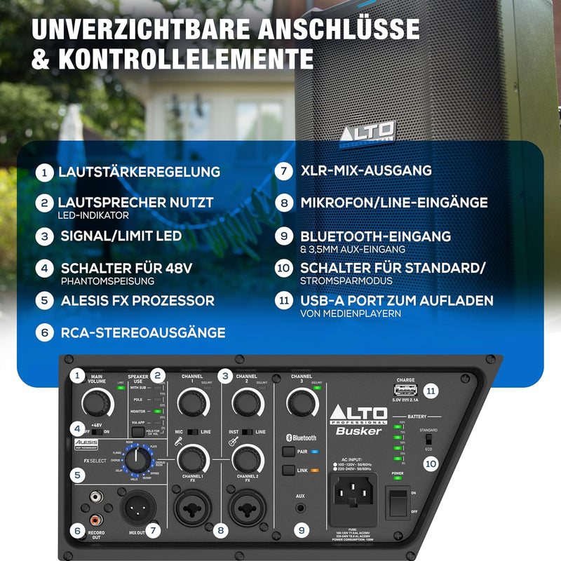 Alto Professional Busker 200W tragbares PA Lautsprechersystem mit Akku, Bluetooth, 3-Kanal Mixer, Al