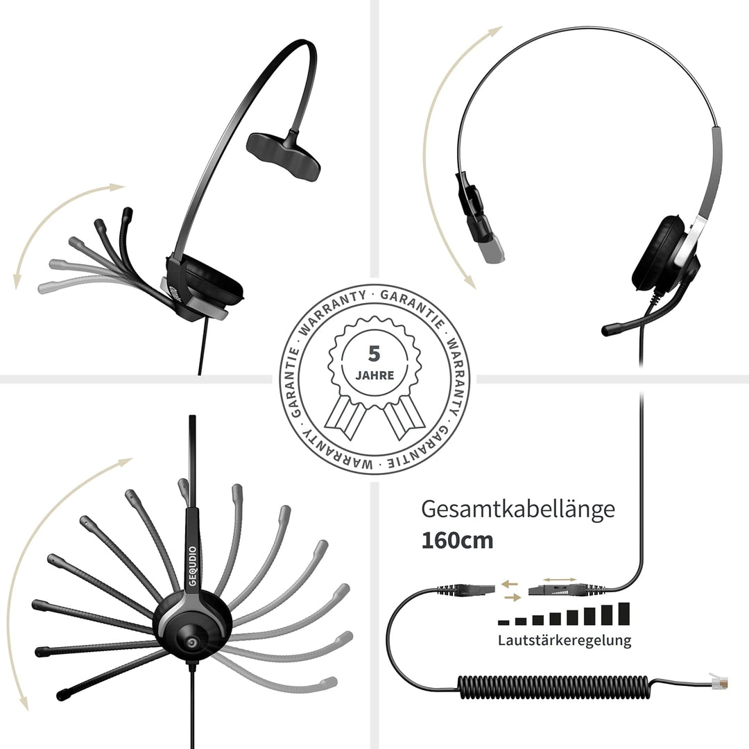 GEQUDIO Headset kompatibel mit Yealink, Snom, Avaya, Grandstream Telefon - inklusive RJ Kabel - Kopf