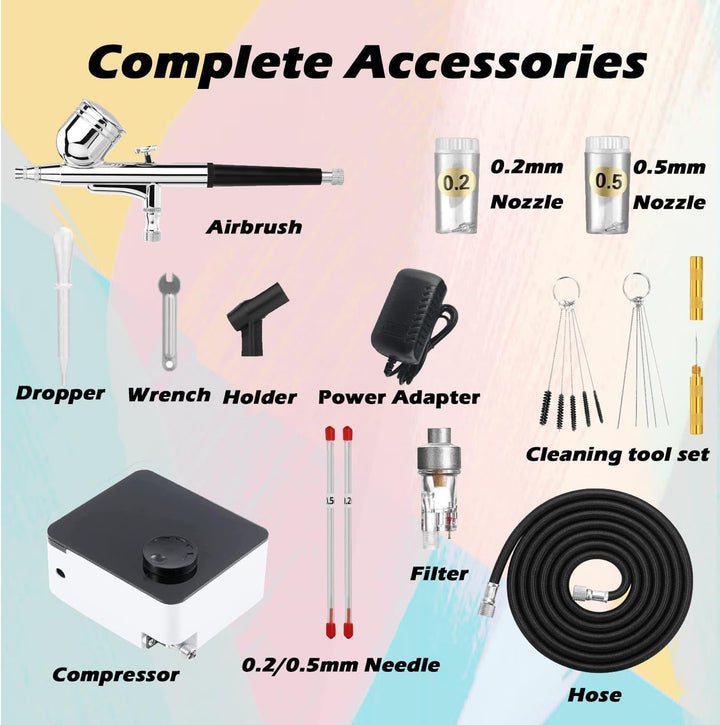ABEST Airbrush Kit mit 33PSI einstellbarem Luftkompressor, Dual-Action Airbrush mit 0.2/0.3/0.5mm Dü