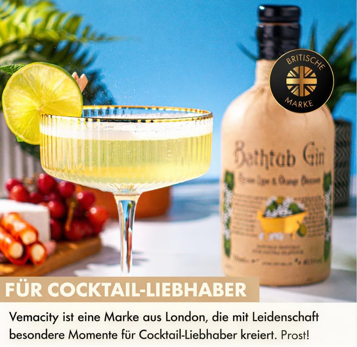Vemacity Espresso Martini Gläser 4er Set mit Goldrand & Cocktail Zubehör | Gerippte Glas | Handgefer