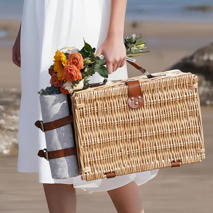 Picknickkorb für 2 Personen - Isolierter Vintage Weidenkorb mit wasserdichter Matte & Besteckset Paa