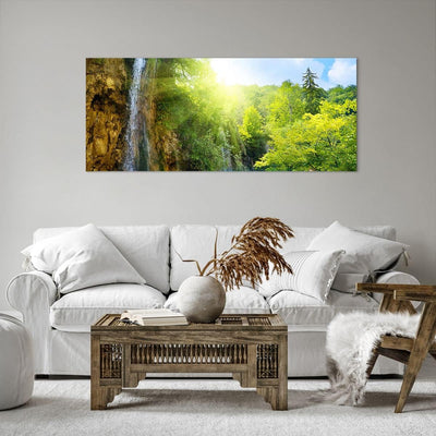 Wandbilder Dekoration Wohnzimmer Wasserfall Forrest Himmel Panorama Bilder auf Leinwand 120x50cm Lei