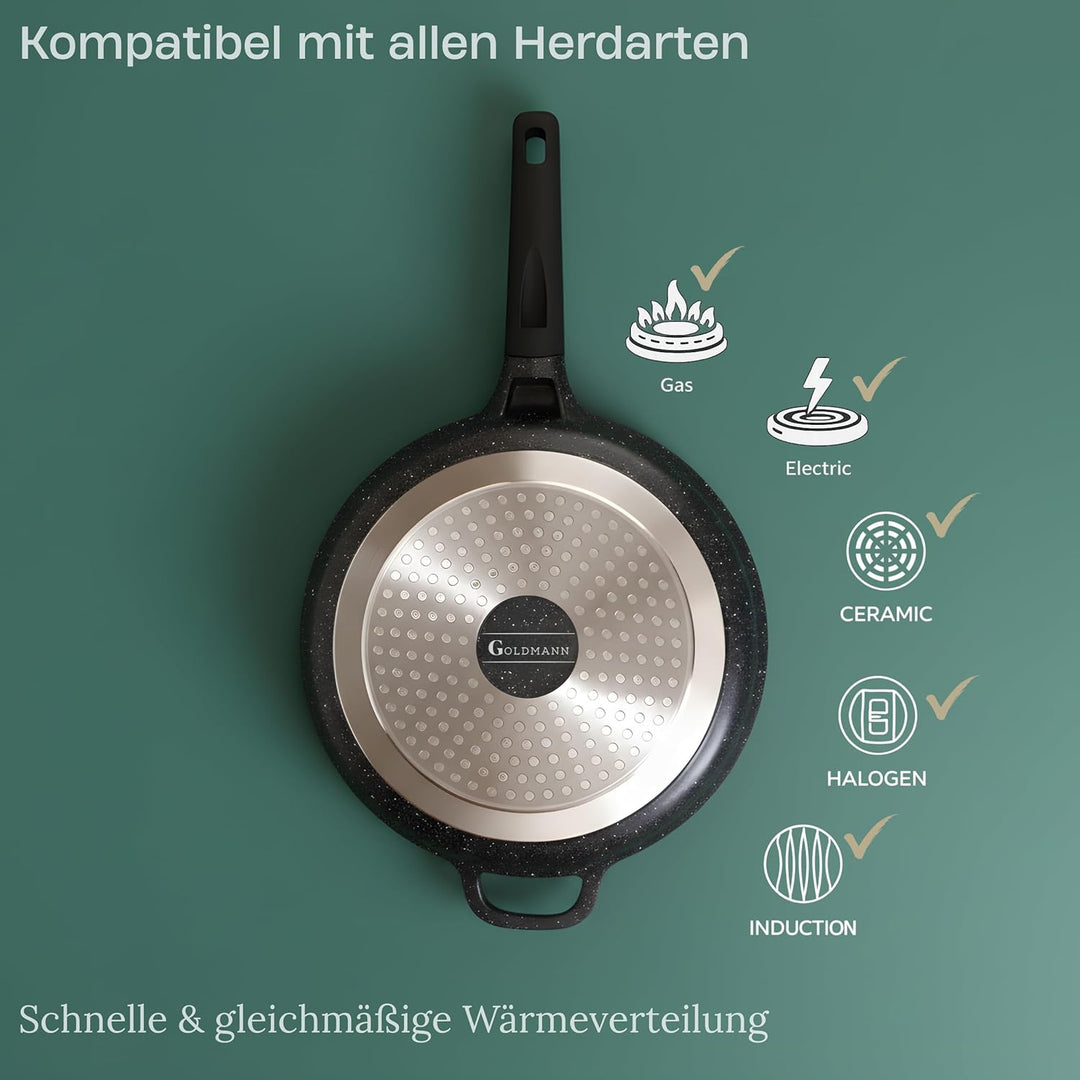 Goldmann Sauteuse 24 CM mit Deckel – Tiefe Bratpfanne aus Guss-Aluminium mit Marmor-Keramik Antihaft