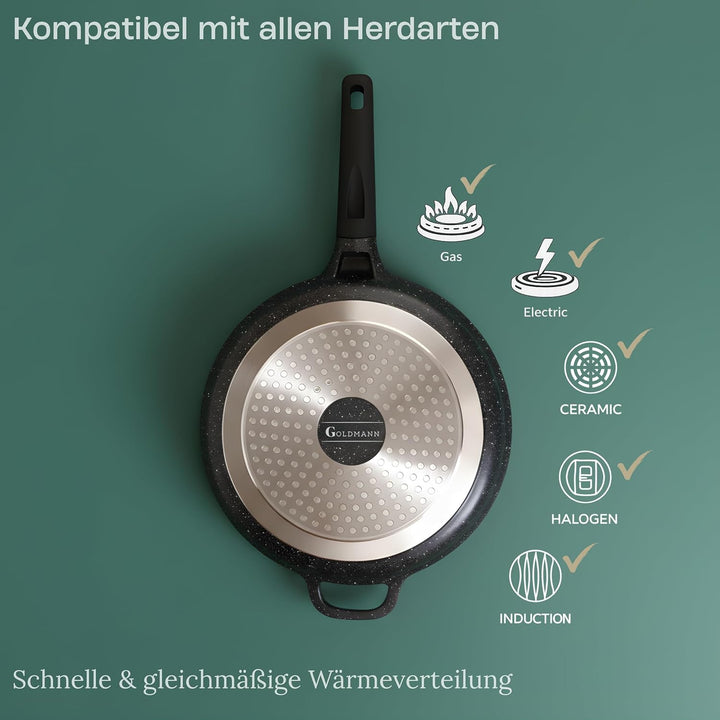 Goldmann Sauteuse 24 CM mit Deckel – Tiefe Bratpfanne aus Guss-Aluminium mit Marmor-Keramik Antihaft