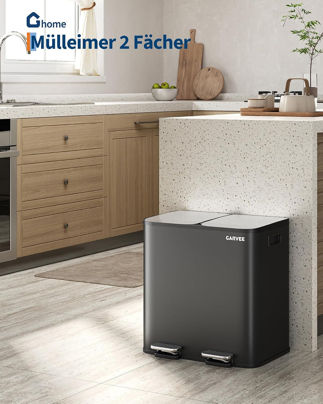 Garvee Abfalleimer 2 x 15 l aus Edelstahl mit Doppelfach und Pedal - schwarz