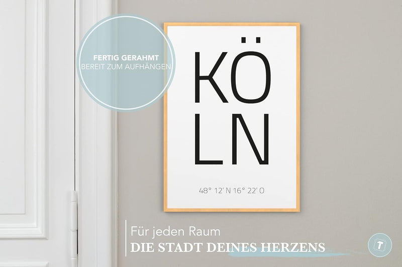 Papierschmiede® Geo Poster Koordinaten Köln, A3 Gerahmt im Natur-Holzrahmen, Stadt Bild als Wanddeko