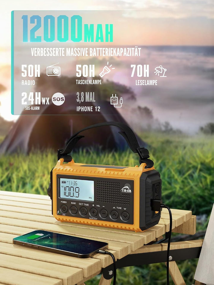 Notfallradio | 12000mAh Powerbank | Kurbelradio |Solar Radio mit Weltempfänger | AM/FM/SW, SOS, USB-