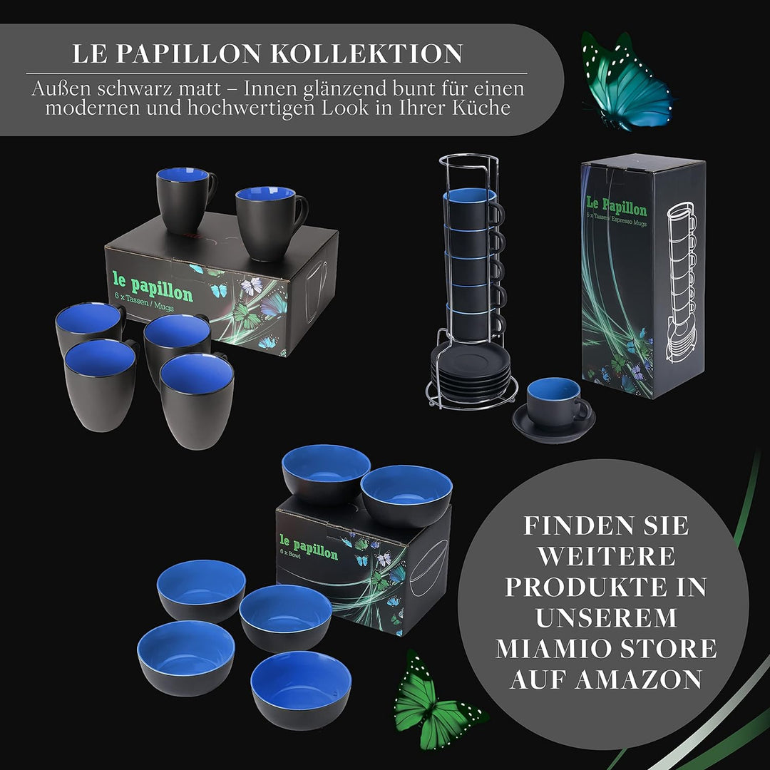 MIAMIO - 6 x 75 ml Espressotassen Set/Espresso Tassen Set mit Untertasse & Ständer - Kaffeetassen Se