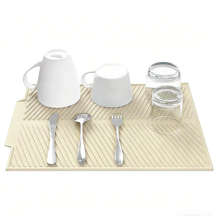 Abtropfmatte Geschirr Silikon 50 x 40 cm, Wasserablauf, Cremeweiss | Grosse Trockenfläche, Wasserabl