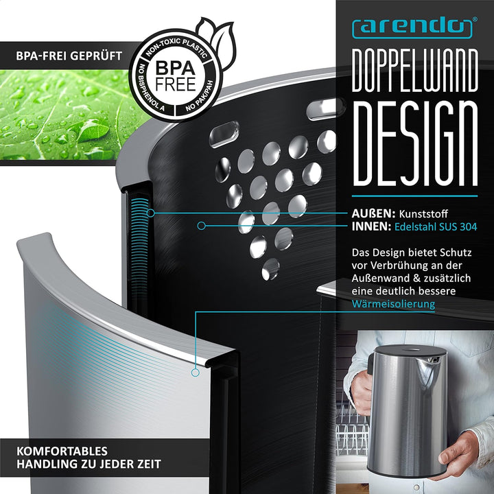Arendo - Wasserkocher mit toaster SET Edelstahl Silber, Wasserkocher 1,5L, 40° - 100°C Warmhaltefunk