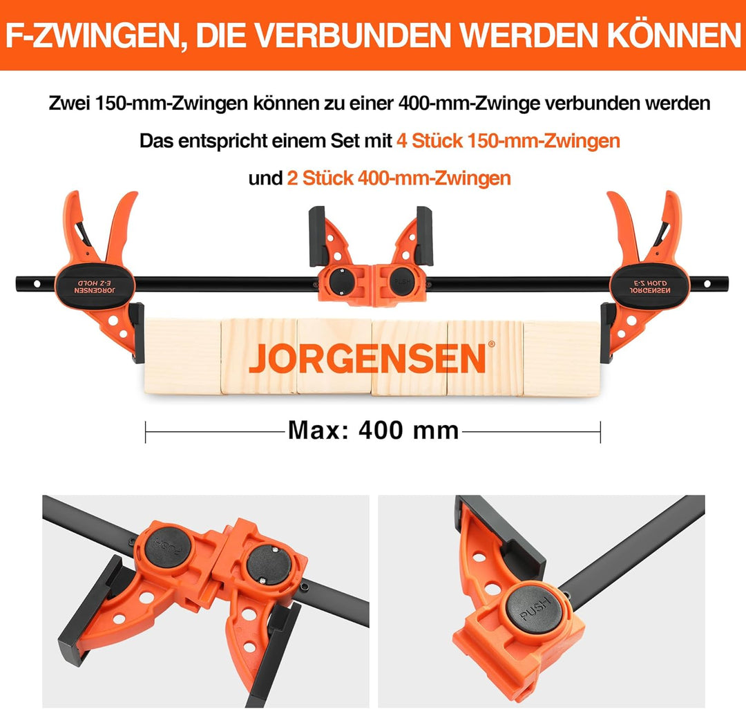 JORGENSEN Einhandzwingen 4 Stück, Profi Schraubzwingen Set 2 in 1 kombinierbar zum Spannen Dehnen, S