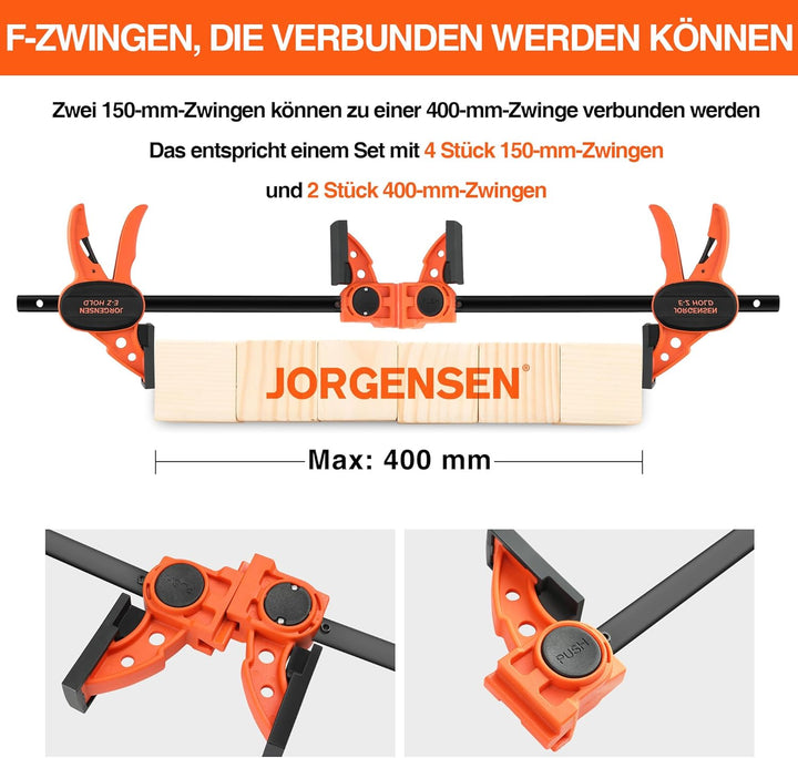 JORGENSEN Einhandzwingen 4 Stück, Profi Schraubzwingen Set 2 in 1 kombinierbar zum Spannen Dehnen, S