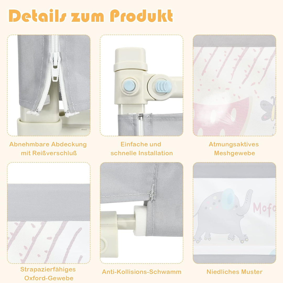 COSTWAY 175cm Bettgitter, 24 Stufen höhenverstellbares Babygitter mit doppeltem Verschluss & Reissve