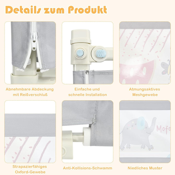 COSTWAY 175cm Bettgitter, 24 Stufen höhenverstellbares Babygitter mit doppeltem Verschluss & Reissve