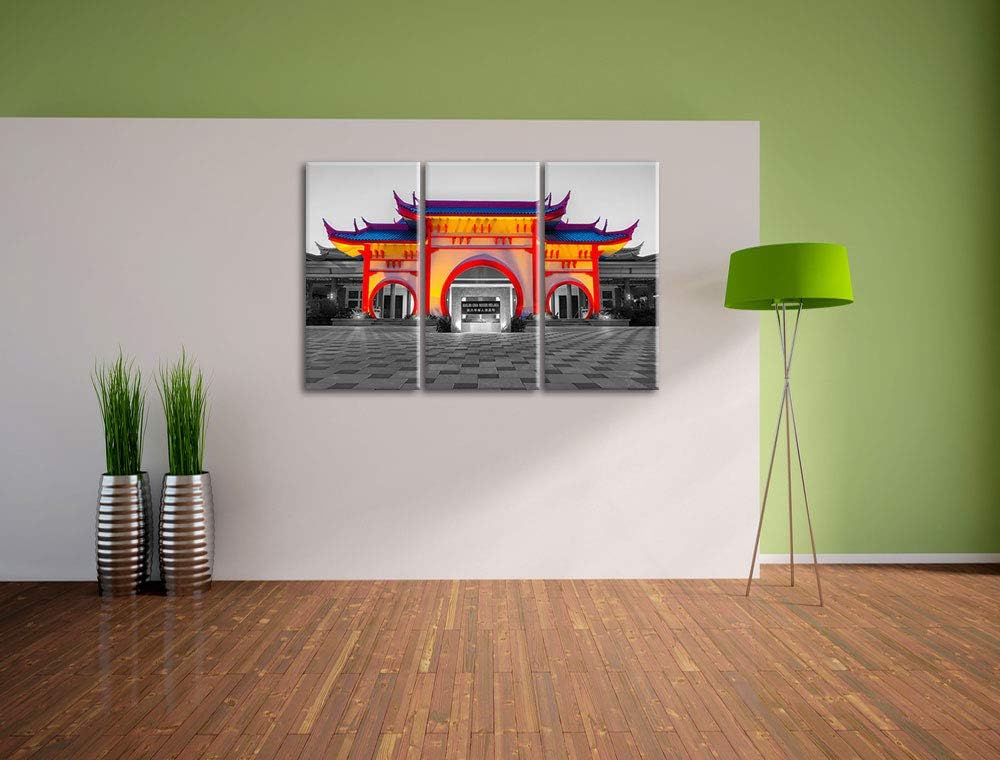 Bunter chinesischer Tempel schwarz/weiss 3-Teiler Leinwandbild 120x80 Bild auf Leinwand, XXL riesige