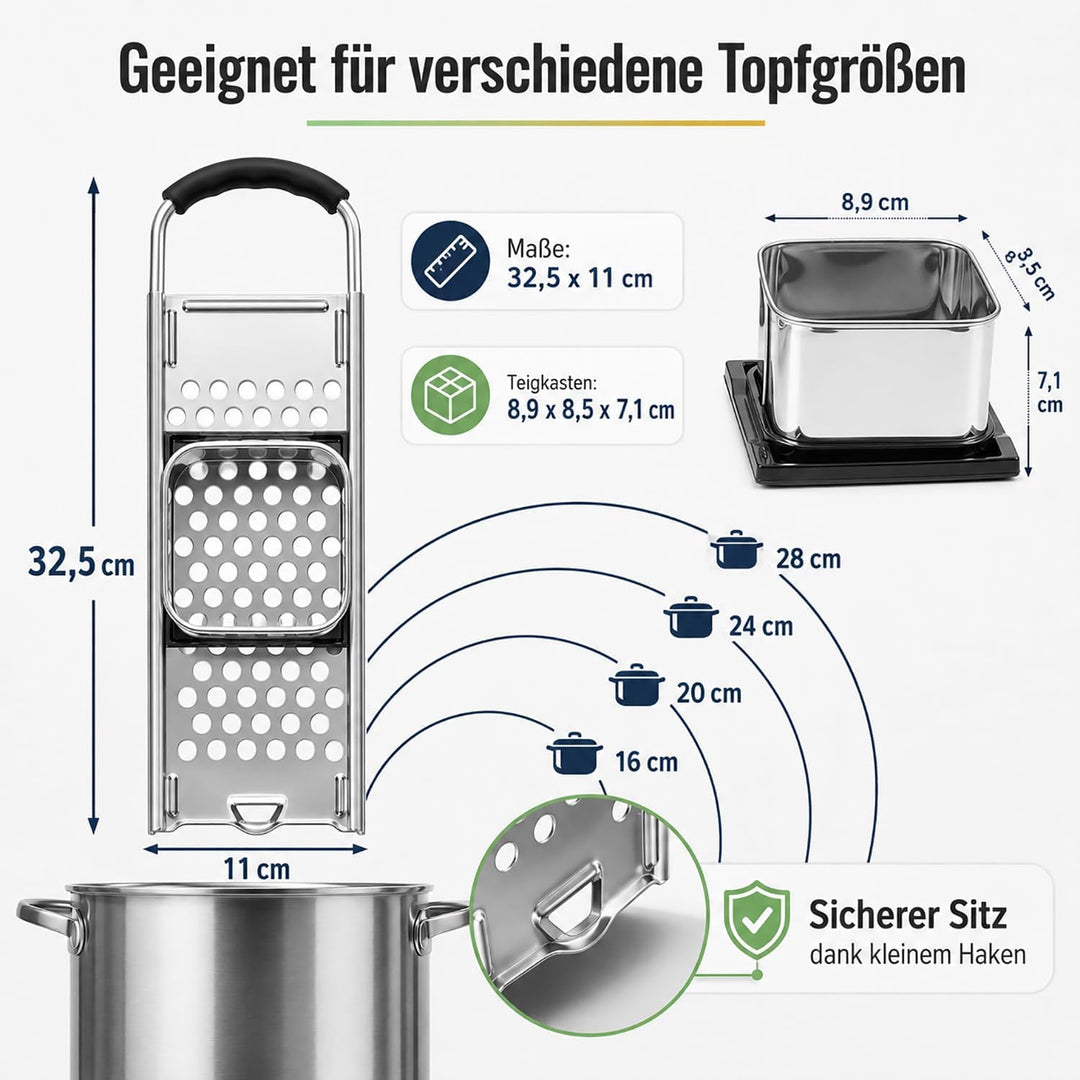 Edelstahl Spätzlehobel, Spätzlepresse mit Gummigriff, Spätzle Reibe, Spätzlehobel mit Teigschlitten,