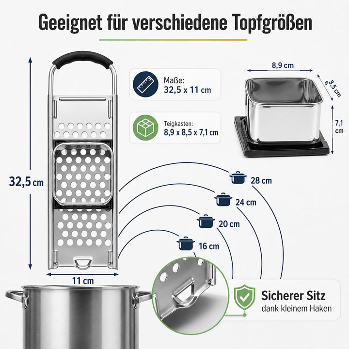 Edelstahl Spätzlehobel, Spätzlepresse mit Gummigriff, Spätzle Reibe, Spätzlehobel mit Teigschlitten,
