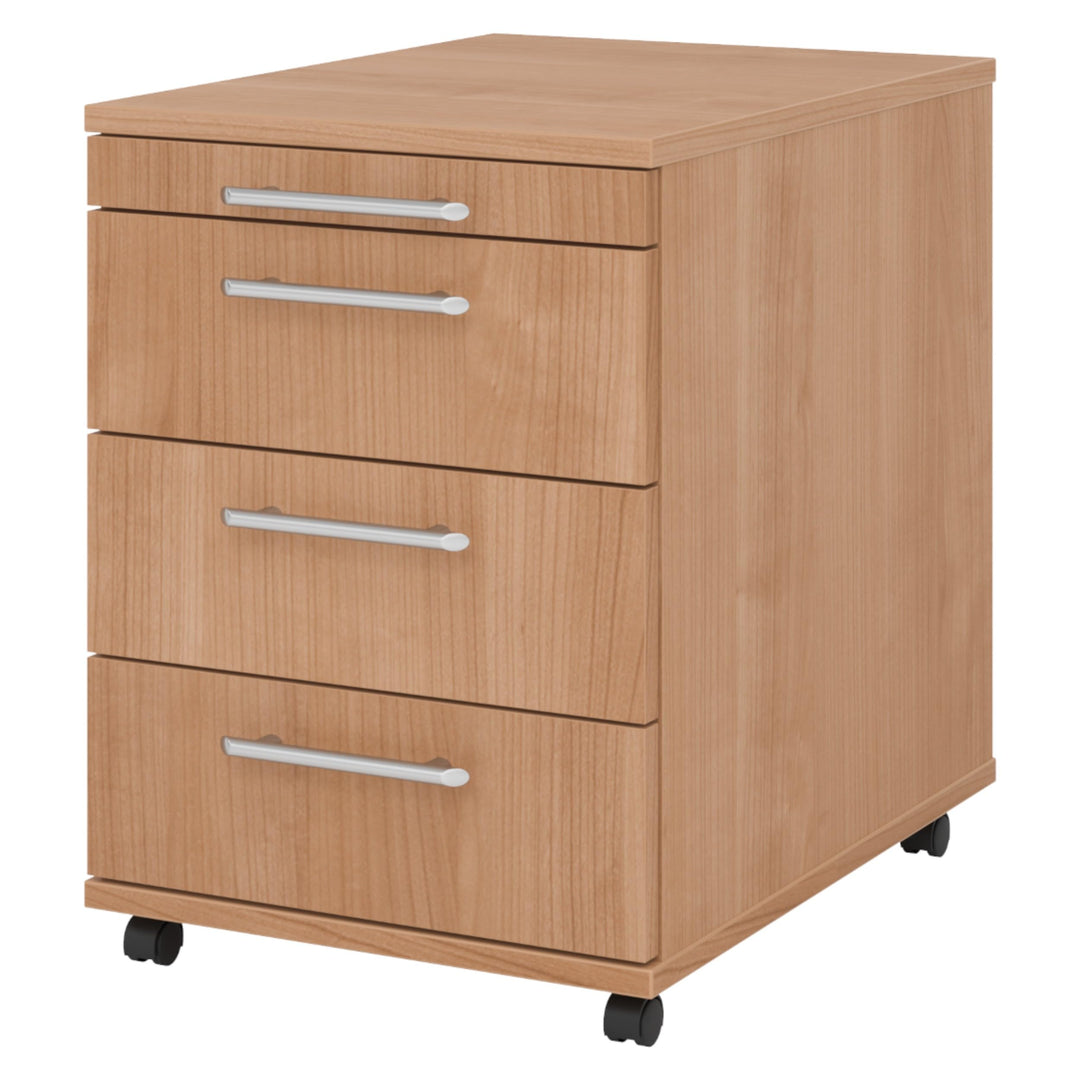 Bümö® Rollcontainer in Nussbaum mit 3 Schüben und Schreibwaren Schublade | Bürocontainer aus Holz |