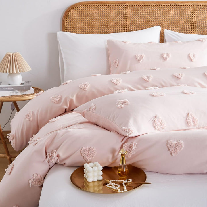 Freyamy Boho Bettwäsche 135x200cm Rosa Getuftet Herz Bettwäsche-Sets Stickerei Shabby Chic Bettwaren