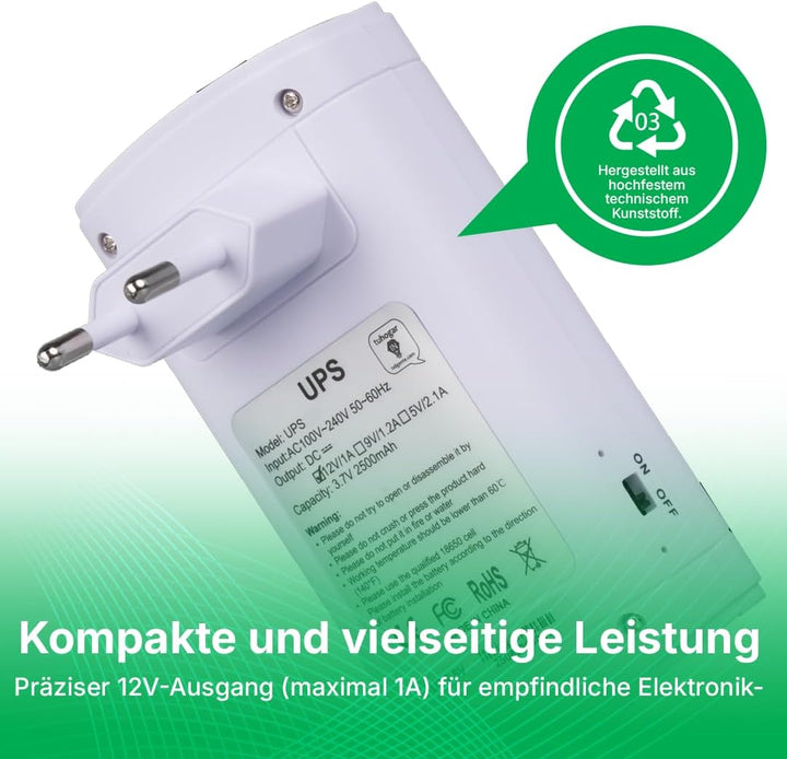 Mini-UPS 12V mit 2500 mAh internem Akku und 5,5/2,5 mm Hohlstecker | Unterbrechungsfreie Stromversor