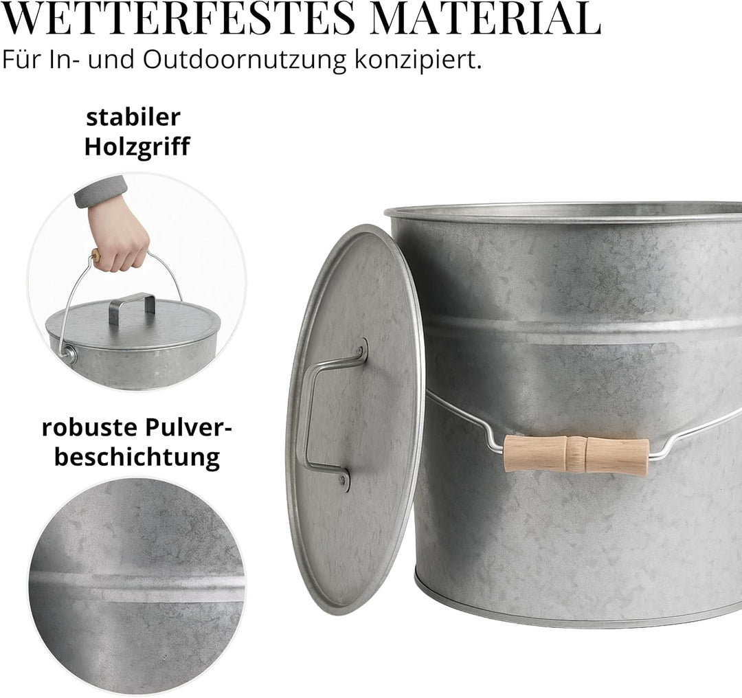 LIVLIG Premium Ascheeimer mit Deckel 12L Zink, exklusiver verzinkter Eimer mit Deckel für Moderne Ka