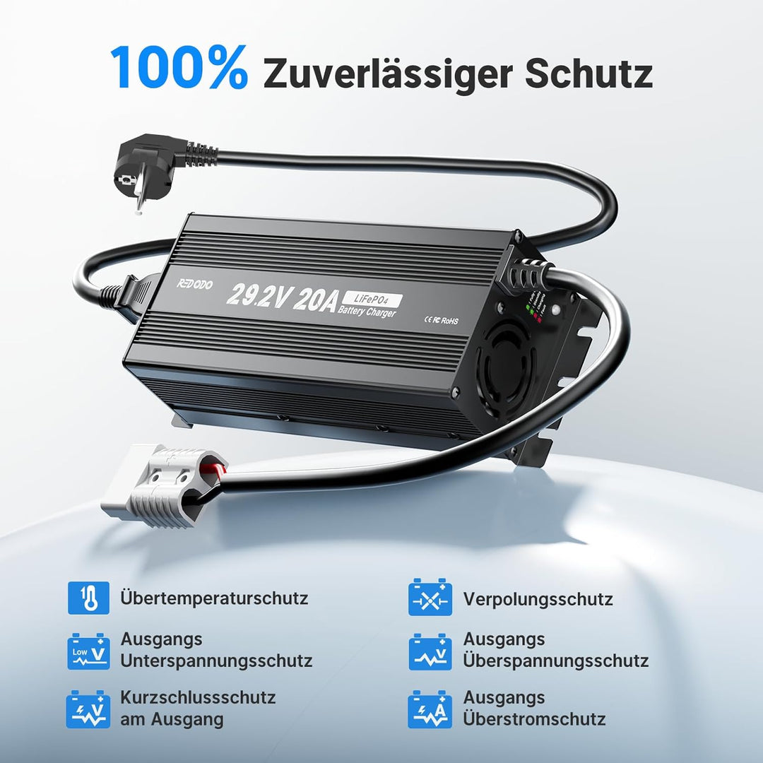 Redodo LiFePO4 Ladegerät 29,2V 20A, Schnelles AC-DC Ladegerät für Batterien, Geeignet für LiFePO4 Ba