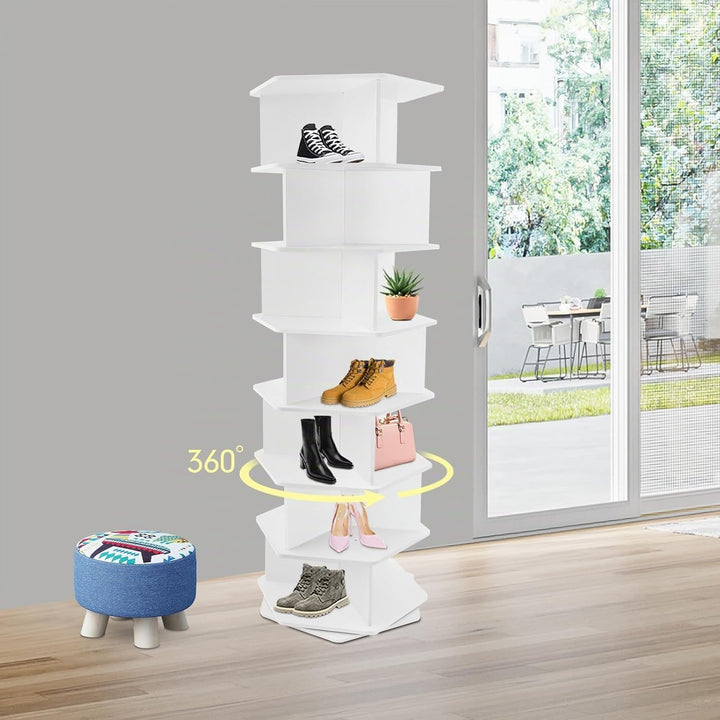 7 Stufen Rotierendes Schuhregal Weiss PVC 360 Grad Drehbar Höhe 165.5cm 30x30cm Grundfläche 21 Fäche