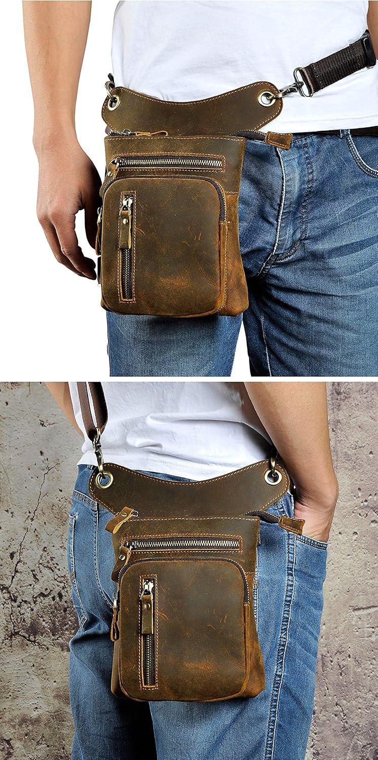 Le'aokuu Herren Leder Motorrad Hüfttasche Messenger Schulter Drop Leg Bag