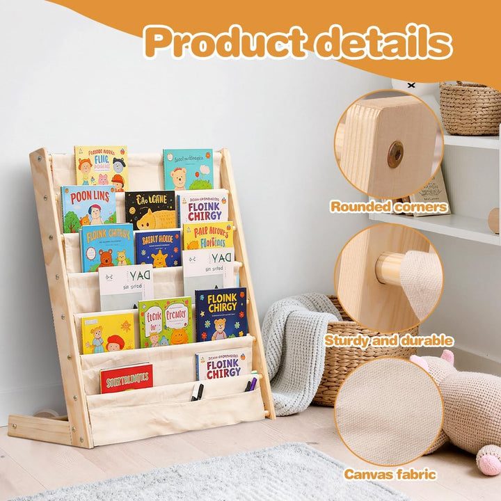 Kinder Bücherregal, 75x 30 x 79 cm Montessori Bücherregal mit 6 Ebenen und Stofffächern, Offenes Kin