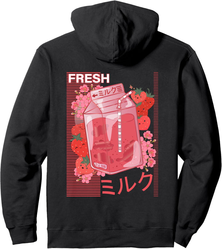 Japanese Sakura Pastel Goth Kawaii Strawberry Milk Shake Pullover Hoodie