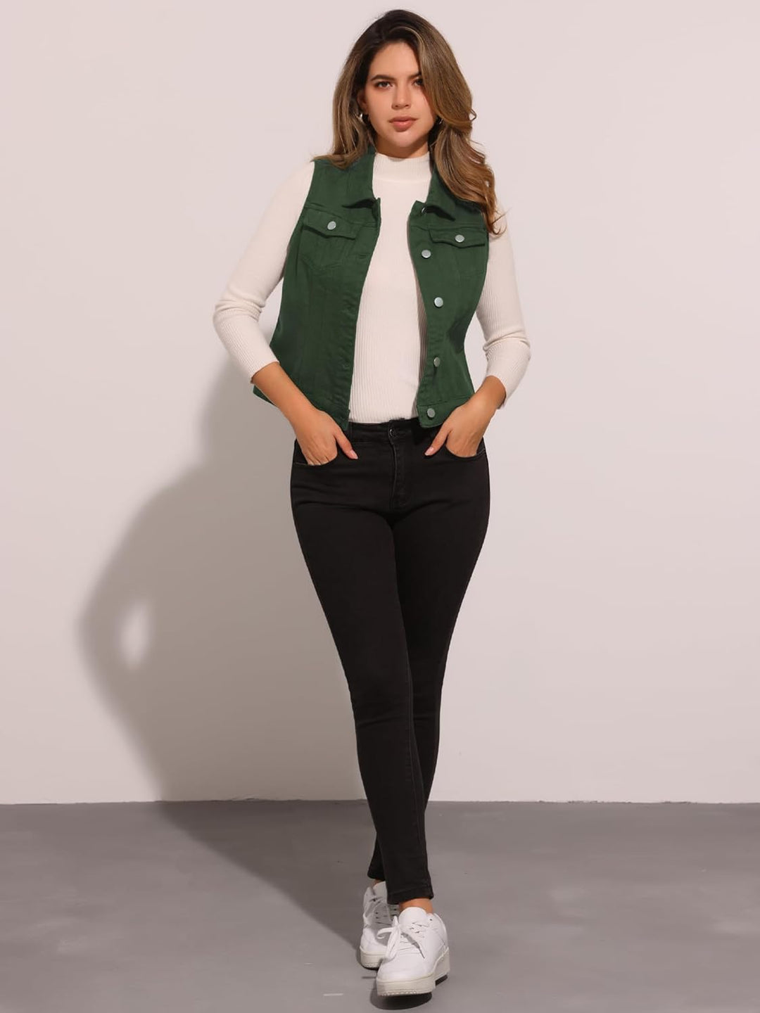 Allegra K Damen Jeansweste Ärmellos Knopfleiste Denim Rever Jacke Westen mit Taschen S Dunkelgrün, S
